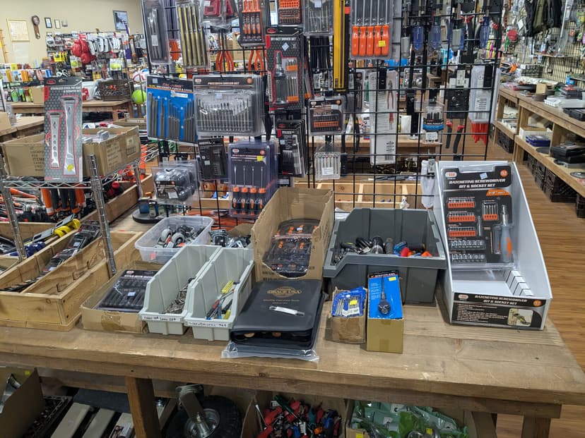 Tools and hardware on display inside Northwest Trading Post